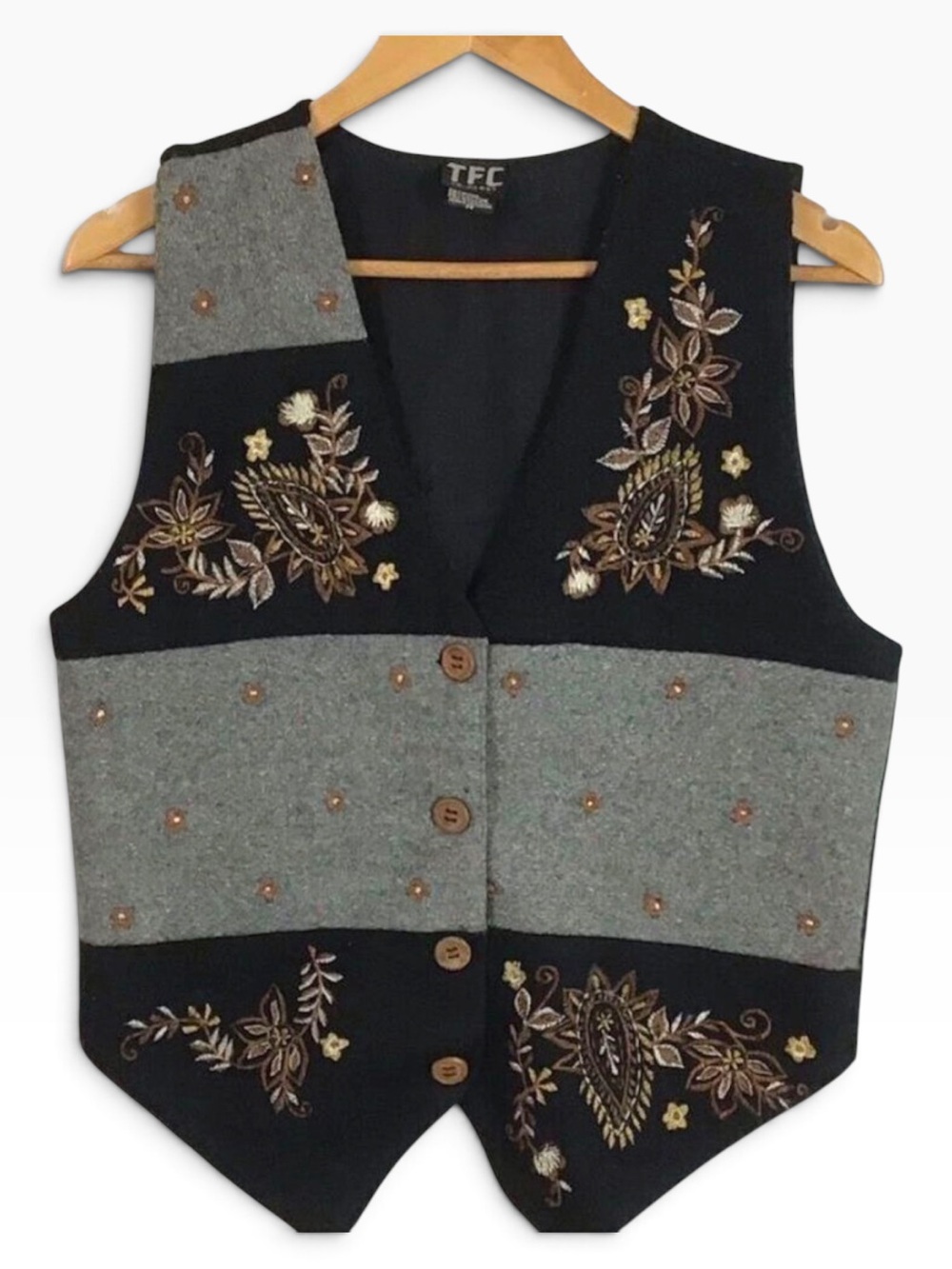 TFC Vintage Wool Embroidered Floral Vest Black Gray Boho Folk Waistcoat Medium
